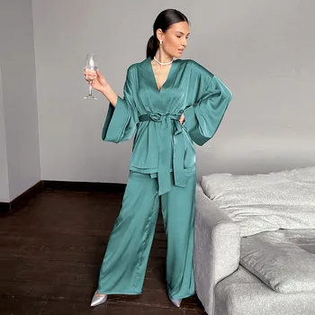 Однотонная пижами, свободни разкроена домашни панталони, сатенени комплекти хавлиени с ръкав три четвърти, халати за жени, пижамная мода, пролет 2023