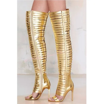 Сандали със златни джапанки и изрези, сандали над коляното на масивна токчета-висок ток с отворени пръсти, ботуши със страничен цип, пикантен дамски летни обувки, новост
