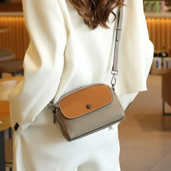 Ежедневни стилна чанта с две основни джобове с цип и капак, малък дамски чанта през рамо от 100% естествена телешка кожа, универсален