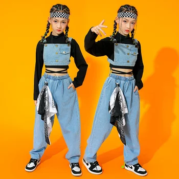 Джаз костюм Дрехи в стил хип-хоп за момичета Дънкови облекла с дълги ръкави за изпълнения на Съвременни облекло за улични танци Детска рейв-дрехи