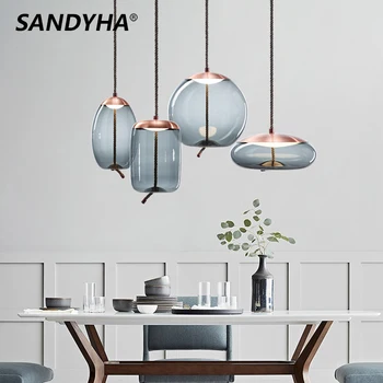 SANDYHA Модерна проста led лампа, Окачена лампа от прозрачно стъкло за хола, маса за хранене, полилей за домашен интериор с една глава, лампа