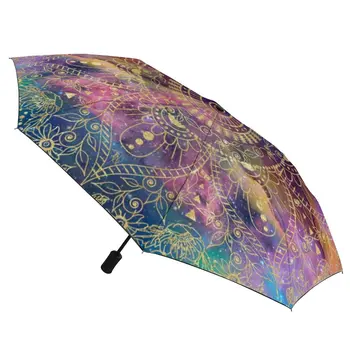 3-те пъти автоматичен чадър със златен принтом мандала, винтажное черно палто с цветен модел, чадър със защита от ултравиолетови лъчи, белите дробове, чадъри за мъже и жени