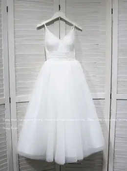 2022 Реална снимка Секси сватбена рокля трапецовидна форма с тънки спагети презрамки, винтажное дантелено сватбена рокля от белия тюл, расшитое мъниста сватбена рокля с дължина до чаена
