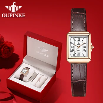 Дамски часовници OUPINKE, най-добрият швейцарската марка Луксозни, водоустойчив сапфировые дамски часовник с кожена каишка, кварцов часовник Relogios Feminino