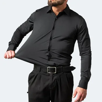 Лека еластичност, мъжки ежедневни бизнес риза с дълги ръкави, обикновена тънка риза от текстилни материали, по-големи размери