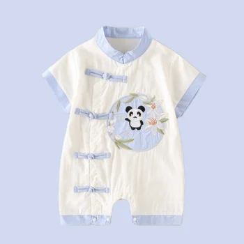 2023 Летни памучни бебешки гащеризони за момчета в китайски стил с пандой, костюм Тан с къс ръкав, боди, гащеризон за новородено, подаръци за 1 рожден ден