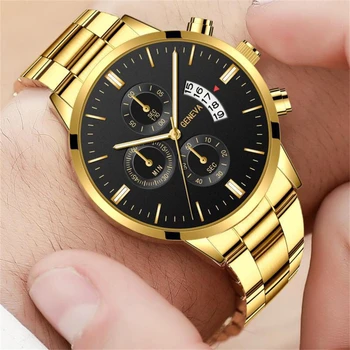 Мъжки ежедневни часовници златен цвят от неръждаема стомана, модни луксозни кварцов ръчен часовник с календар, мъжки бизнес часовници за мъже