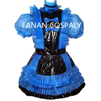 Възрастен гигантски дете, сексуална синьо тънката прозрачна рокля за момичета от PVC, с черни шевове, за ролеви игри в стил мома, готически замък