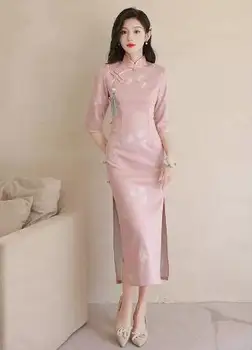 Китайски стил, розово бродирана Чонсам, пролетни и летни стилове