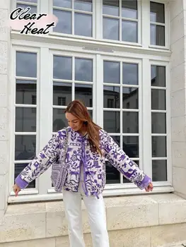 Дамско памучно палто дантела с флорални принтом, модерно лилаво зимно яке с дълъг ръкав и кръгло деколте, дамски есен дебела топла градинска облекло 2023