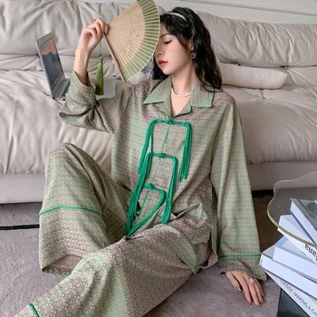 Пижамный костюм с принтом 2023, Реколта китайска пролет нощница, пижама с дълъг ръкав, Ежедневни домашни дрехи с ревери, пижама с еластичен колан, пижами