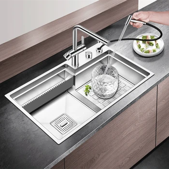Кухненска мивка стъпка разтегателен кран за топла и студена вода от неръждаема стомана 304, бвп кран, кошница за източване на водата, кухненски принадлежности