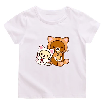 Тениска с изображение на Мечка Рилаккумы Kawai за момчета/Момичета от 100% памук, Лятна тениска с къс ръкав, Удобни ежедневни детски блузи