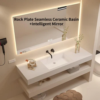 Модерен двуслойни интелигентен огледален шкаф за баня с каменна печка, безшевни, керамична мивка, комбиниран с мивка за баня