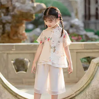 Ретро комплект шифоновой дрехи Hanfu за момичета, детски танкостюм, детска блуза и панталони, комплект за ежедневието, костюм