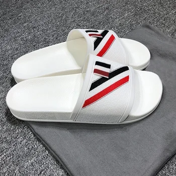 Модерни маркови мъжки чехли в корейски стил от бяла кожа с ивици нескользящие меки ежедневни дамски сандали с високо качество от EVA