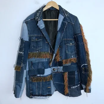 Есен мъжко джинсовое палто с груби ръбове, деконструирующее ежедневното мозайка шиене с пискюли, висококачествена градинска дрехи, износоустойчиви якета 21Z1429