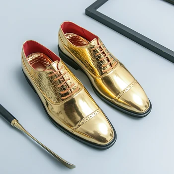 Новите златни мъжки модел обувки, черни обувки-дерби, модни мъжки обувки в бизнес стил с квадратни пръсти, дантела, безплатна доставка
