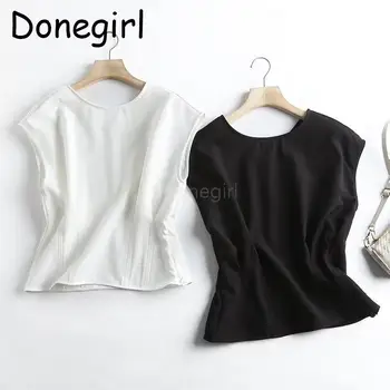 Donegirl 2023 Дамски нова мода лято тънка тениска без ръкав, с кръгло деколте, плисе в областта на талията тънка обикновена прости ежедневни блузи, женски шик