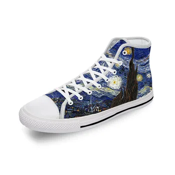 Маслени картини на Ван Гог, естетична Звездна нощ, бяла парусиновая обувки с 3D принтом, мъжки и женски леки, дишащи обувки с висок берцем, леки, дишащи маратонки