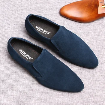 Класически черни, сини мъжки велурени лоферы от естествена телешка кожа, ръчно изработени сватбени модела обувки без закопчалка, вечерни обувки за мъже