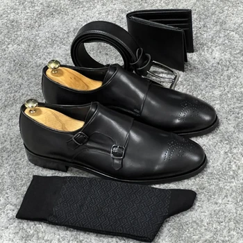 Двойна мъжки обувки в Черен цвят с кръгло бомбе, Мъжки Лоферы с безплатна доставка, Бизнес Sapatos ал Hombre
