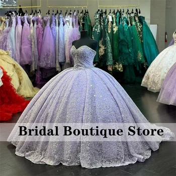 Ново записване, луксозни лилаво буйни рокли принцеса 2023, дантелени апликации, кристали, бална рокля, елегантна рокля дантела, Vestido
