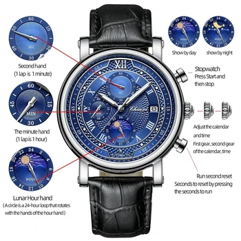 Chenxi 976 Кожена хронограф с дата, мъжки часовници с фазата на Луната, бизнес светещи кварцов часовник Relojes para hombres