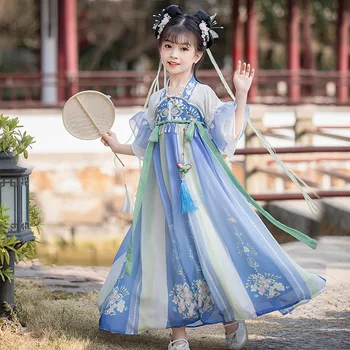 Сезон: пролет-лято, кратък стил, луксозни фея на династията Тан, Ханфу, с флорални принтом, ръкав-тромпет, сини ежедневни китайски рокли за момичета