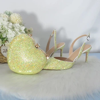 Жълти кристални сандали с остри пръсти за младоженци, сватбени обувки и чанта във формата на сърце, секси вечерна рокля с тънки токчета, дамски чанта на висок ток