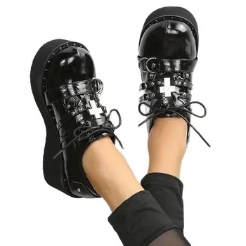 Обувки в стил Лолита Голям размер дантела с кръгло бомбе, Дамски обувки Mary Jane В Дебела Подметка, Украсена с Метален Кръст, Дамски Обувки На Висока платформа