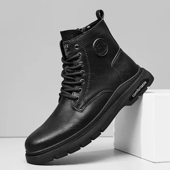Мъжки Ежедневни Класически Кожени обувки, Модерни Дизайнерски Обувки в Черно На платформата, Мини Дишащи Оксфордские ботуши, Мотоциклетни ботуши дантела