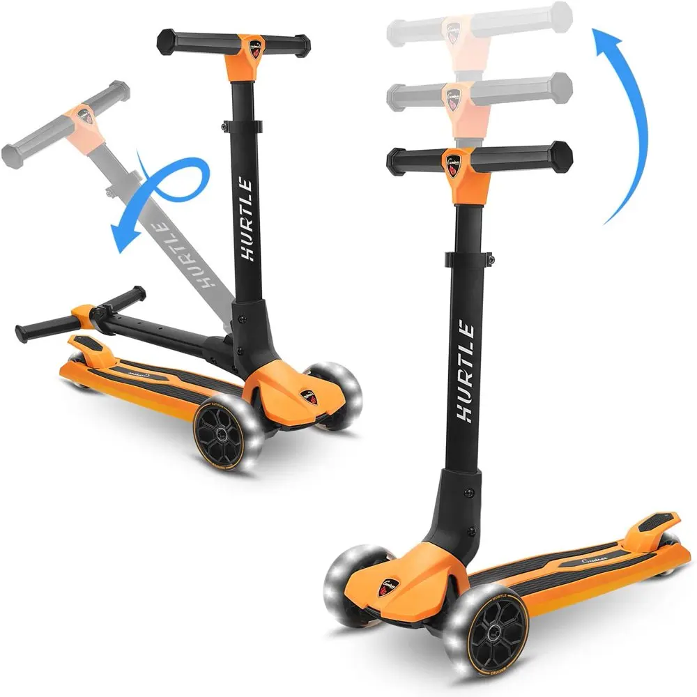 3-Колесни сгъваем скутер - Детска играчка скутер с вградени led фенери на колела, технология за лесно маневриране Lean-to-Steer (оранжев)