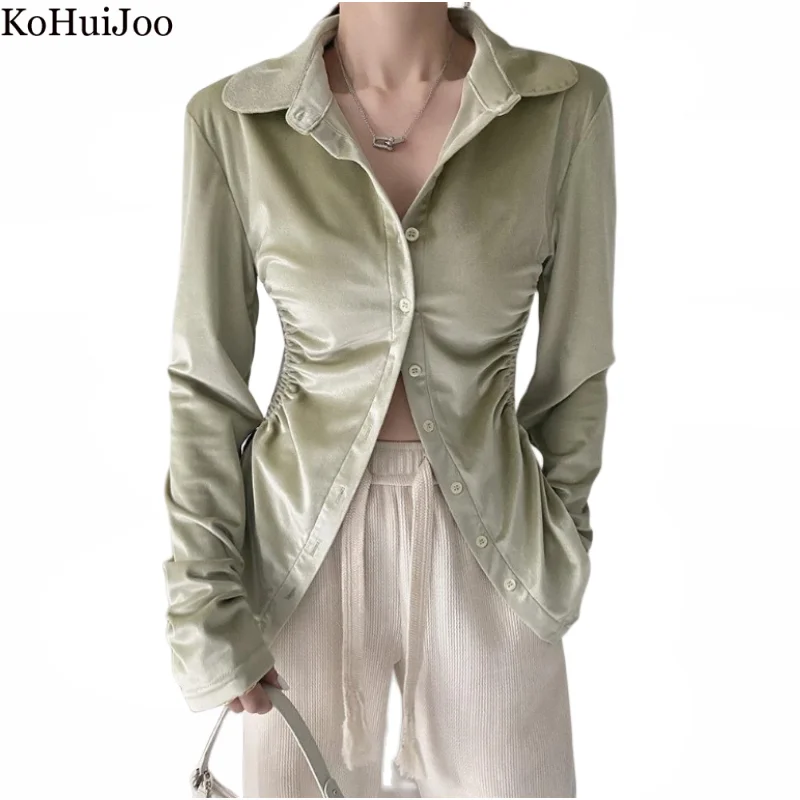 Kohuijoo 2023 Есенни Нови Кадифени Ризи с дълъг ръкав за Жени, Обикновен Тънък Дизайн на Сгъвката, Корейски Стил, дамски елегантни Блузи